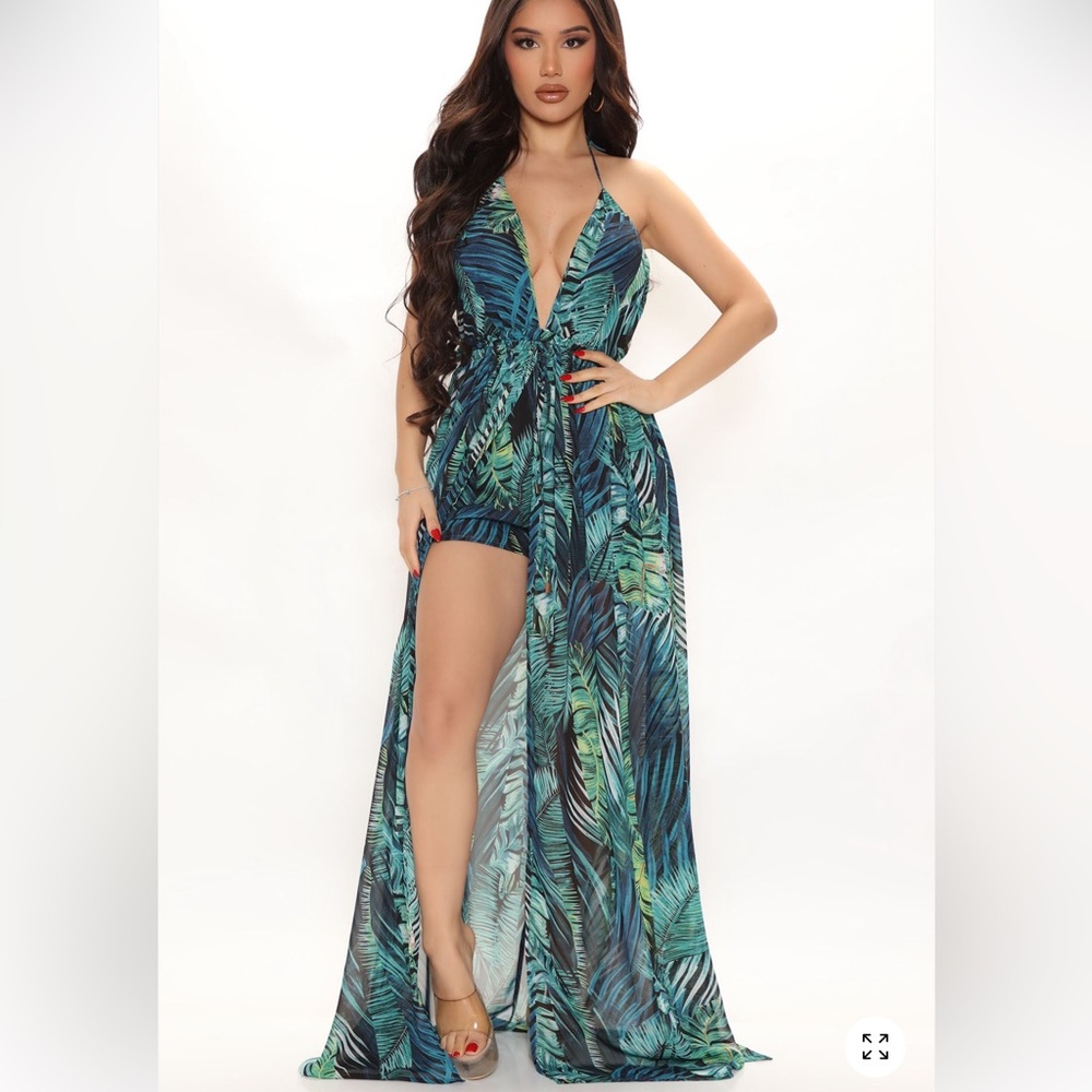 Fashion Nova Green Leaf Print Maxi Dress